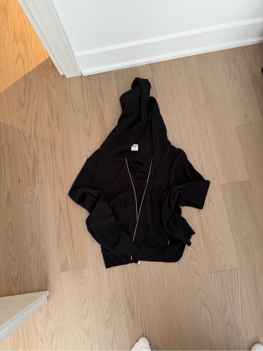 Aritzia waffle Black Hooded Zip-Up Jacket - Women’s Casual Layer